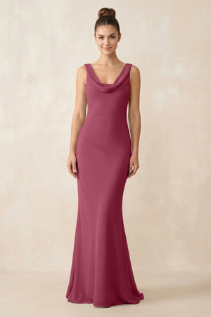 Cowl Neck Sheath Chiffon Bridesmaid Dress in Desert Rose - KISS BRIDAL Bridesmaid Dresses