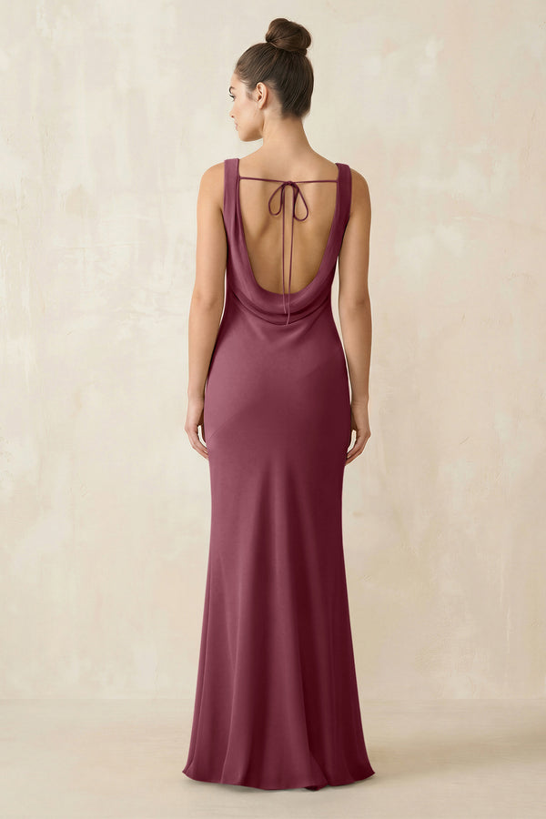 Cowl Neck Sheath Chiffon Bridesmaid Dress in Desert Rose (2) | KISSBRIDAL