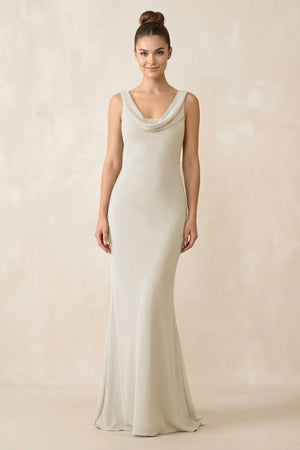 Cowl Neck Sheath Chiffon Bridesmaid Dress in Dove Gray - KISS BRIDAL Bridesmaid Dresses