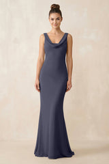 Cowl Neck Sheath Chiffon Bridesmaid Dress in Dusk Blue - KISS BRIDAL Bridesmaid Dresses