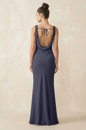 Cowl Neck Sheath Chiffon Bridesmaid Dress in Dusk Blue - KISS BRIDAL Bridesmaid Dresses