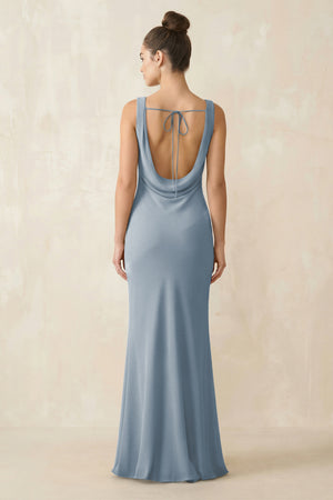 Cowl Neck Sheath Chiffon Bridesmaid Dress in Dusty Blue (2) | KISSBRIDAL