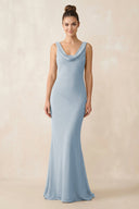 Cowl Neck Sheath Chiffon Bridesmaid Dress in Dusty Blue - KISS BRIDAL Bridesmaid Dresses