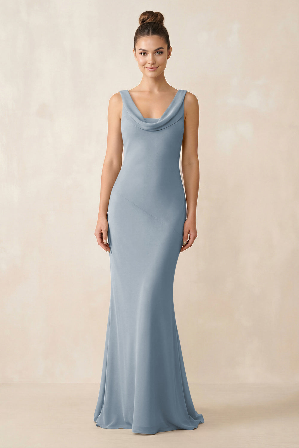 Cowl Neck Sheath Chiffon Bridesmaid Dress in Dusty Blue