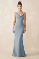 Cowl Neck Sheath Chiffon Bridesmaid Dress in Dusty Blue | KISSBRIDAL