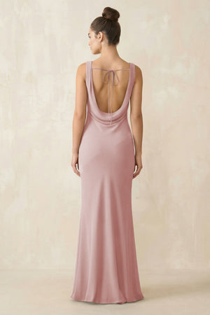 Cowl Neck Sheath Chiffon Bridesmaid Dress in Dusty Rose - KISS BRIDAL Bridesmaid Dresses