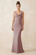 Cowl Neck Sheath Chiffon Bridesmaid Dress in Dusty Rose | KISSBRIDAL