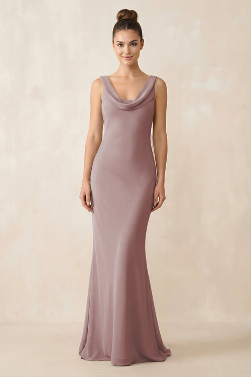 Cowl Neck Sheath Chiffon Bridesmaid Dress in Dusty Rose | KISSBRIDAL