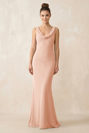Cowl Neck Sheath Chiffon Bridesmaid Dress in English Rose - KISS BRIDAL Bridesmaid Dresses