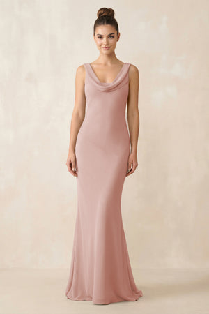 Cowl Neck Sheath Chiffon Bridesmaid Dress in English Rose | KISSBRIDAL