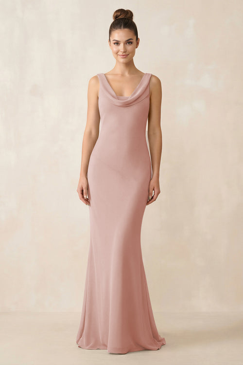 Cowl Neck Sheath Chiffon Bridesmaid Dress in English Rose | KISSBRIDAL