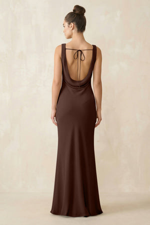 Cowl Neck Sheath Chiffon Bridesmaid Dress in Espresso - KISS BRIDAL Bridesmaid Dresses