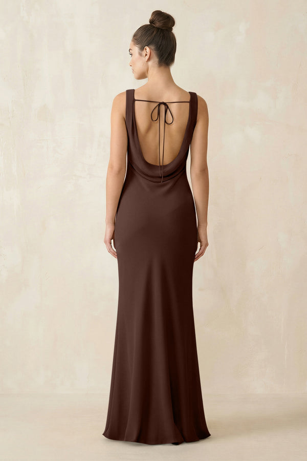 Cowl Neck Sheath Chiffon Bridesmaid Dress in Espresso - KISS BRIDAL Bridesmaid Dresses
