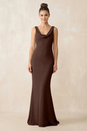 Cowl Neck Sheath Chiffon Bridesmaid Dress in Espresso - KISS BRIDAL Bridesmaid Dresses
