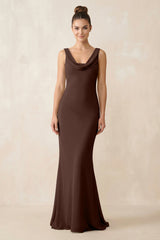 Cowl Neck Sheath Chiffon Bridesmaid Dress in Espresso - KISS BRIDAL Bridesmaid Dresses