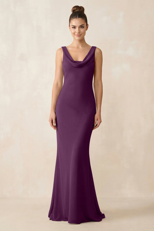 Cowl Neck Sheath Chiffon Bridesmaid Dress in Fig - KISS BRIDAL Bridesmaid Dresses