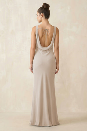 Cowl Neck Sheath Chiffon Bridesmaid Dress in Frost - KISS BRIDAL Bridesmaid Dresses