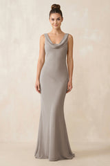 Cowl Neck Sheath Chiffon Bridesmaid Dress in Frost - KISS BRIDAL Bridesmaid Dresses
