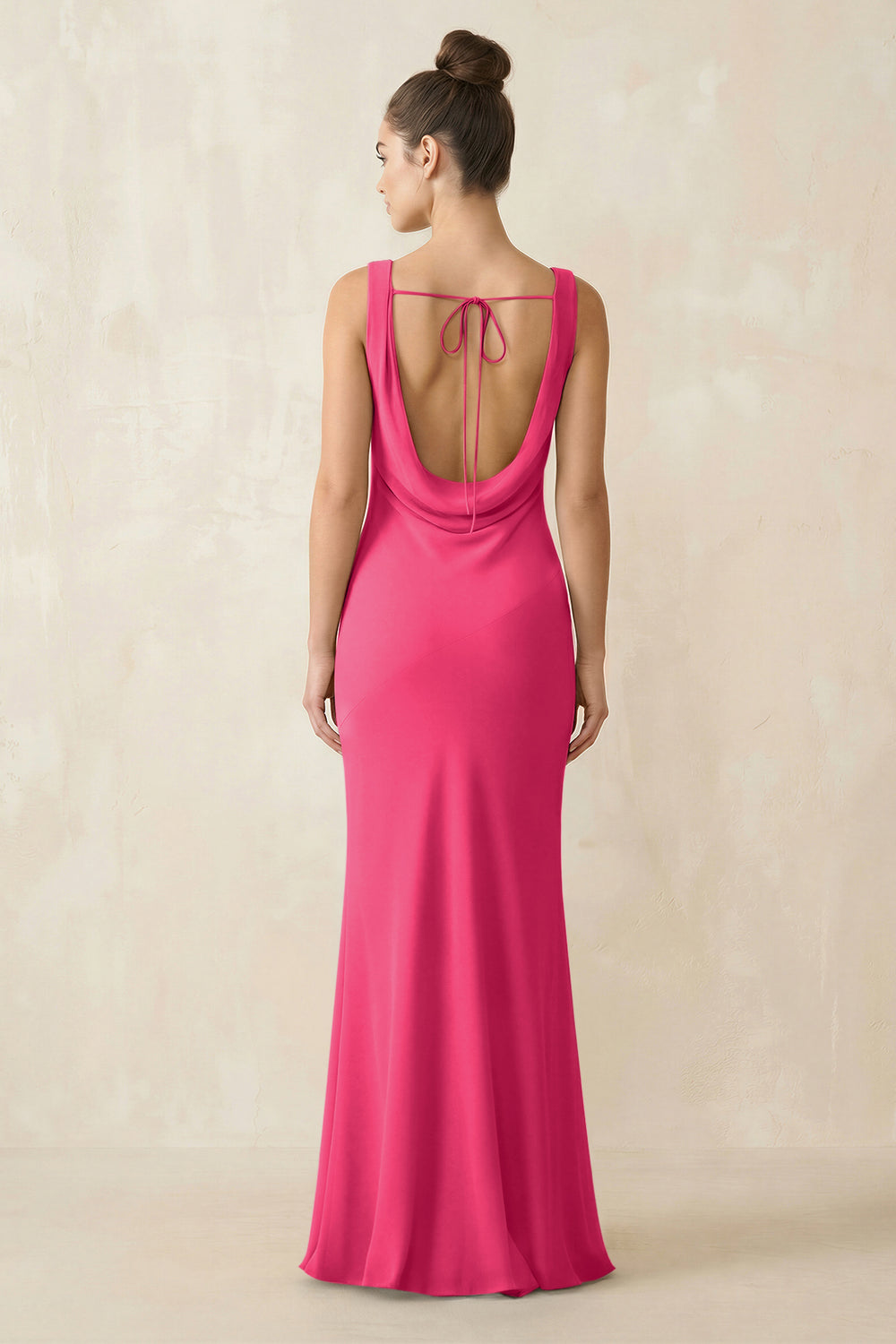 Cowl Neck Sheath Chiffon Bridesmaid Dress in Fuchsia
