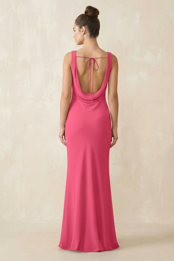 Cowl Neck Sheath Chiffon Bridesmaid Dress in Fuchsia - KISS BRIDAL Bridesmaid Dresses