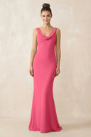 Cowl Neck Sheath Chiffon Bridesmaid Dress in Fuchsia - KISS BRIDAL Bridesmaid Dresses