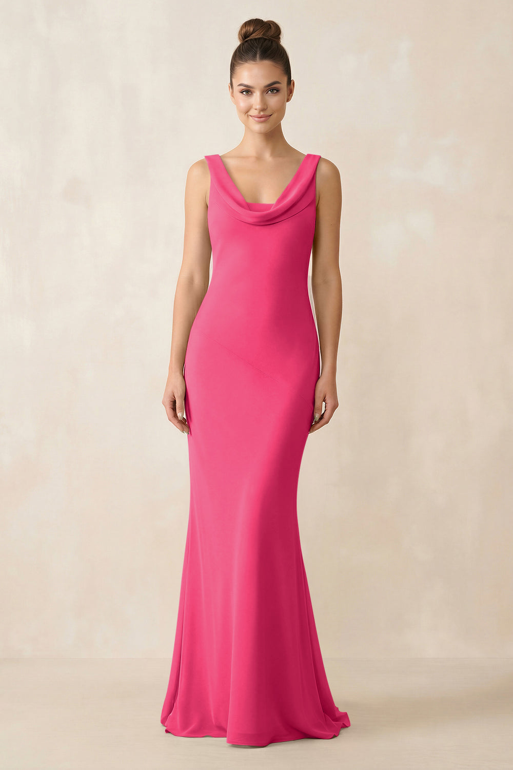 Cowl Neck Sheath Chiffon Bridesmaid Dress in Fuchsia