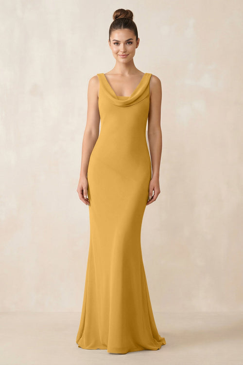 Cowl Neck Sheath Chiffon Bridesmaid Dress in Marigold - KISS BRIDAL Bridesmaid Dresses