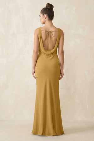 Cowl Neck Sheath Chiffon Bridesmaid Dress in Marigold (2) | KISSBRIDAL