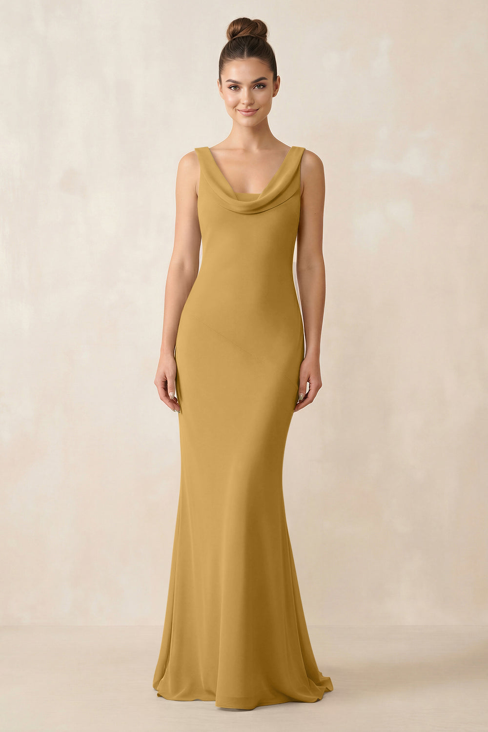 Cowl Neck Sheath Chiffon Bridesmaid Dress in Marigold