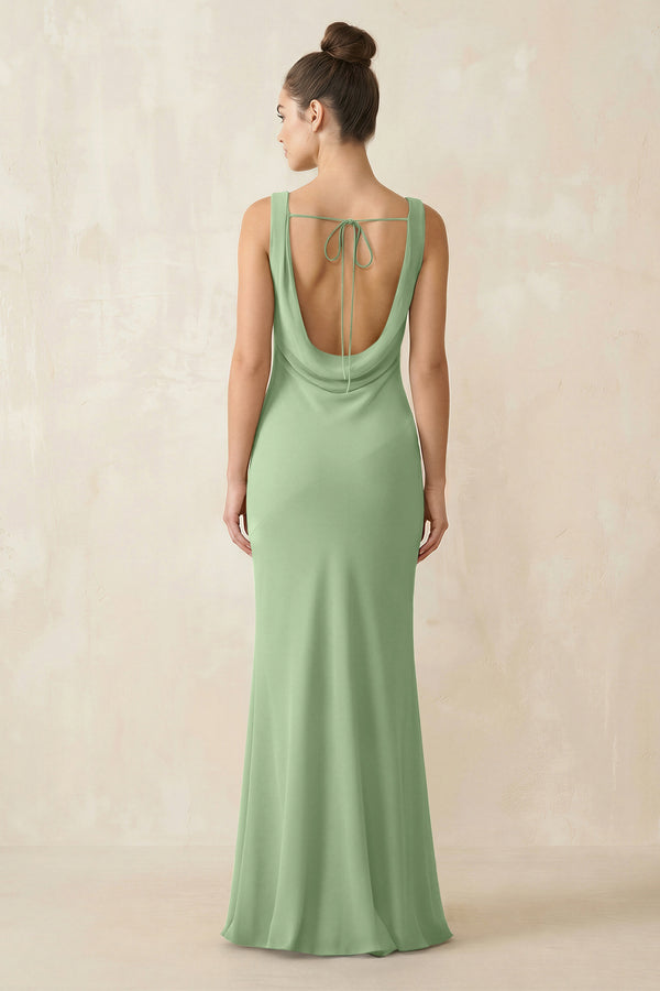 Cowl Neck Sheath Chiffon Bridesmaid Dress in Matcha (2) | KISSBRIDAL