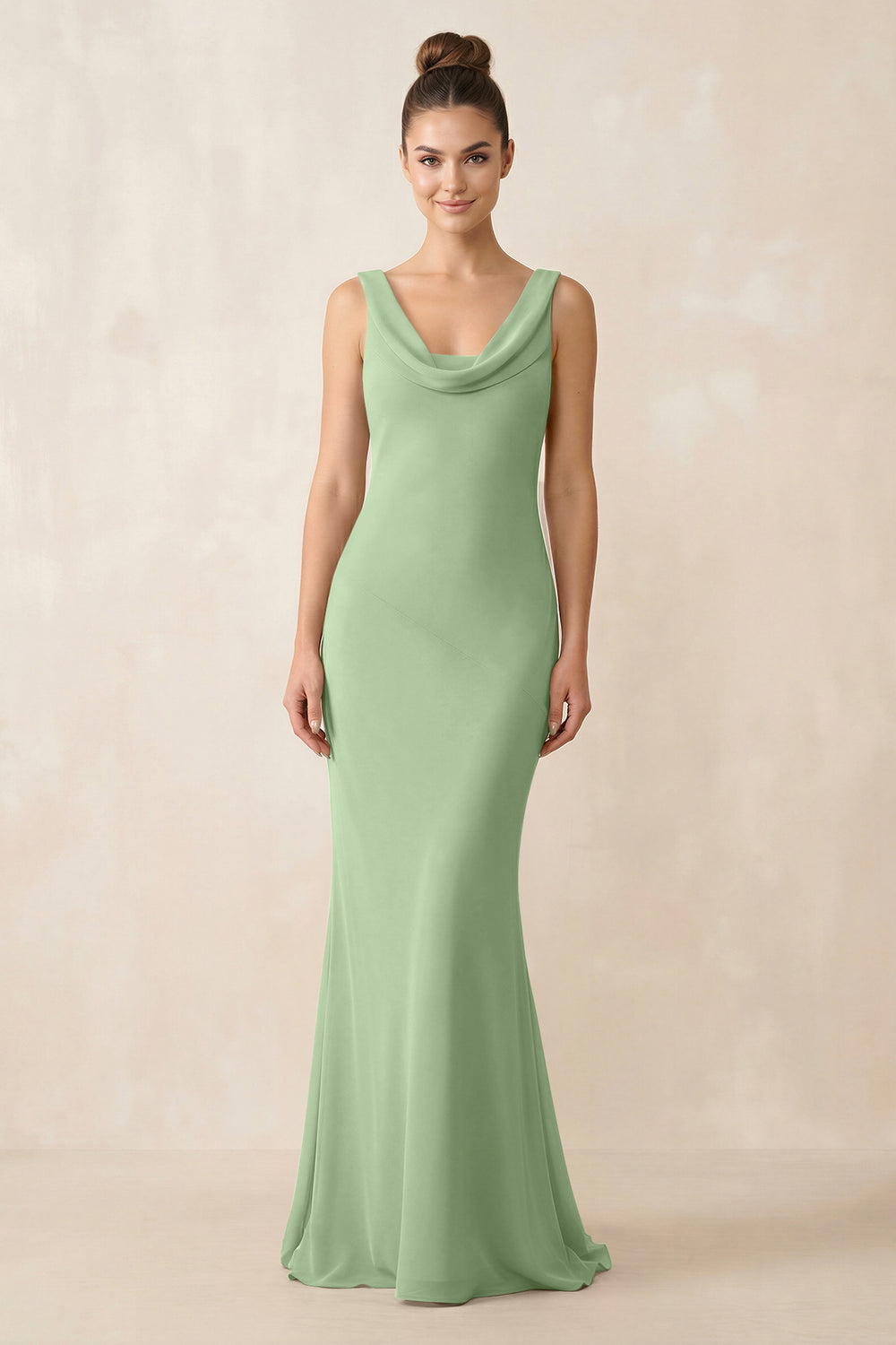 Cowl Neck Sheath Chiffon Bridesmaid Dress in Matcha