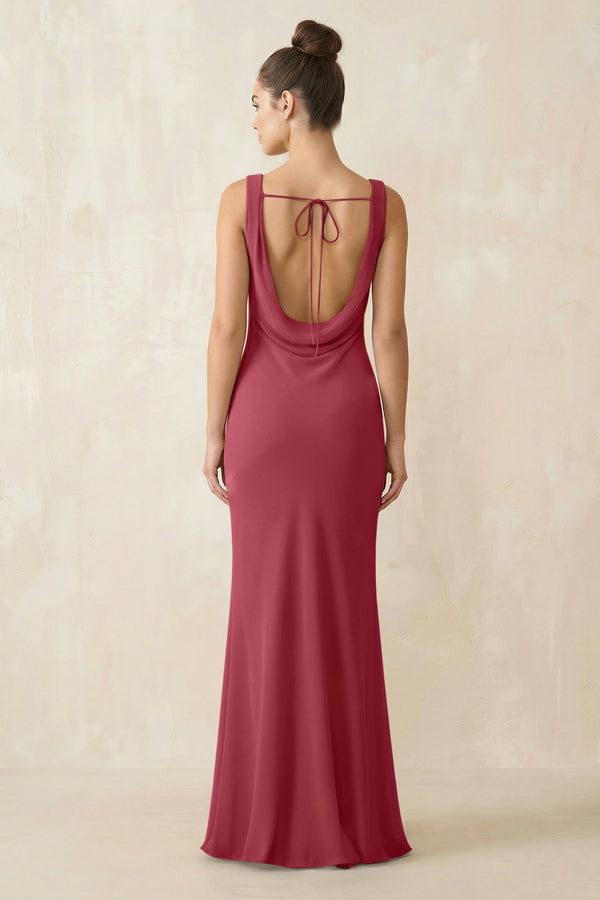 Cowl Neck Sheath Chiffon Bridesmaid Dress in Merlot (2) | KISSBRIDAL