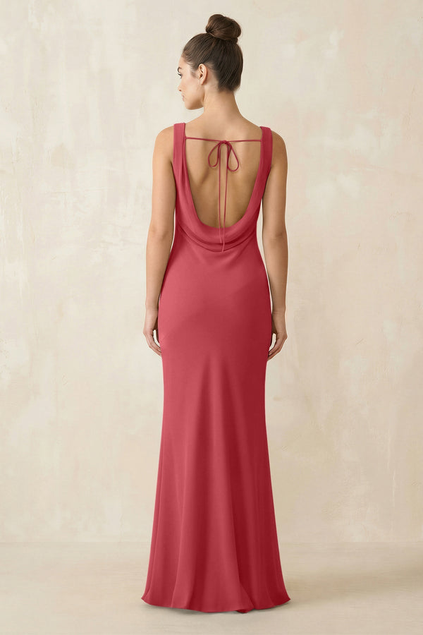 Cowl Neck Sheath Chiffon Bridesmaid Dress in Merlot - KISS BRIDAL Bridesmaid Dresses