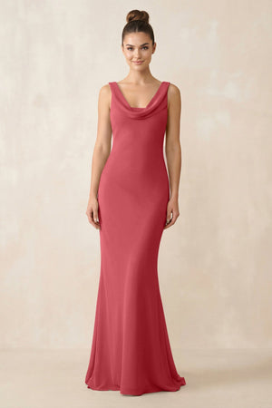 Cowl Neck Sheath Chiffon Bridesmaid Dress in Merlot - KISS BRIDAL Bridesmaid Dresses