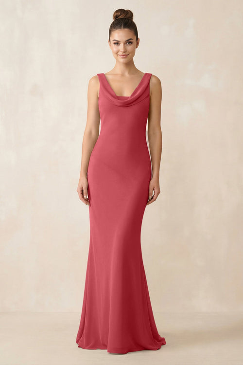 Cowl Neck Sheath Chiffon Bridesmaid Dress in Merlot - KISS BRIDAL Bridesmaid Dresses