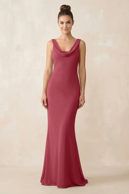 Cowl Neck Sheath Chiffon Bridesmaid Dress in Merlot | KISSBRIDAL