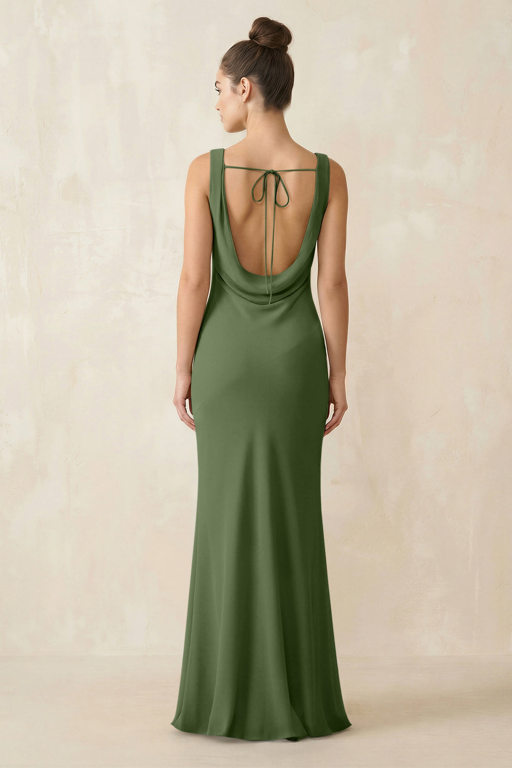 Cowl Neck Sheath Chiffon Bridesmaid Dress in Moss
