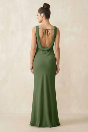 Cowl Neck Sheath Chiffon Bridesmaid Dress in Moss (2) | KISSBRIDAL