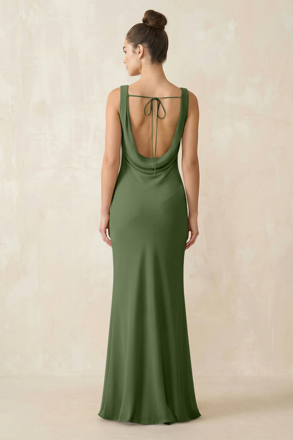Cowl Neck Sheath Chiffon Bridesmaid Dress in Moss (2) | KISSBRIDAL