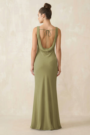 Cowl Neck Sheath Chiffon Bridesmaid Dress in Moss Green (2) | KISSBRIDAL