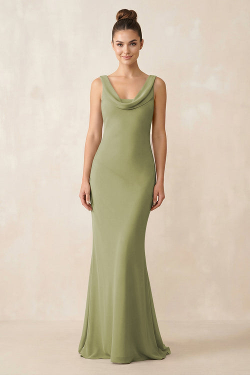 Cowl Neck Sheath Chiffon Bridesmaid Dress in Moss Green - KISS BRIDAL Bridesmaid Dresses
