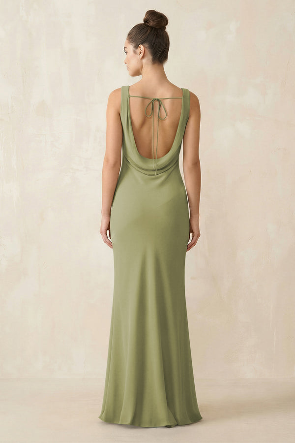 Cowl Neck Sheath Chiffon Bridesmaid Dress in Moss Green - KISS BRIDAL Bridesmaid Dresses