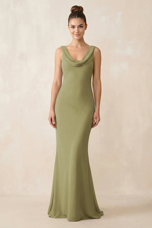 Cowl Neck Sheath Chiffon Bridesmaid Dress in Moss Green | KISSBRIDAL