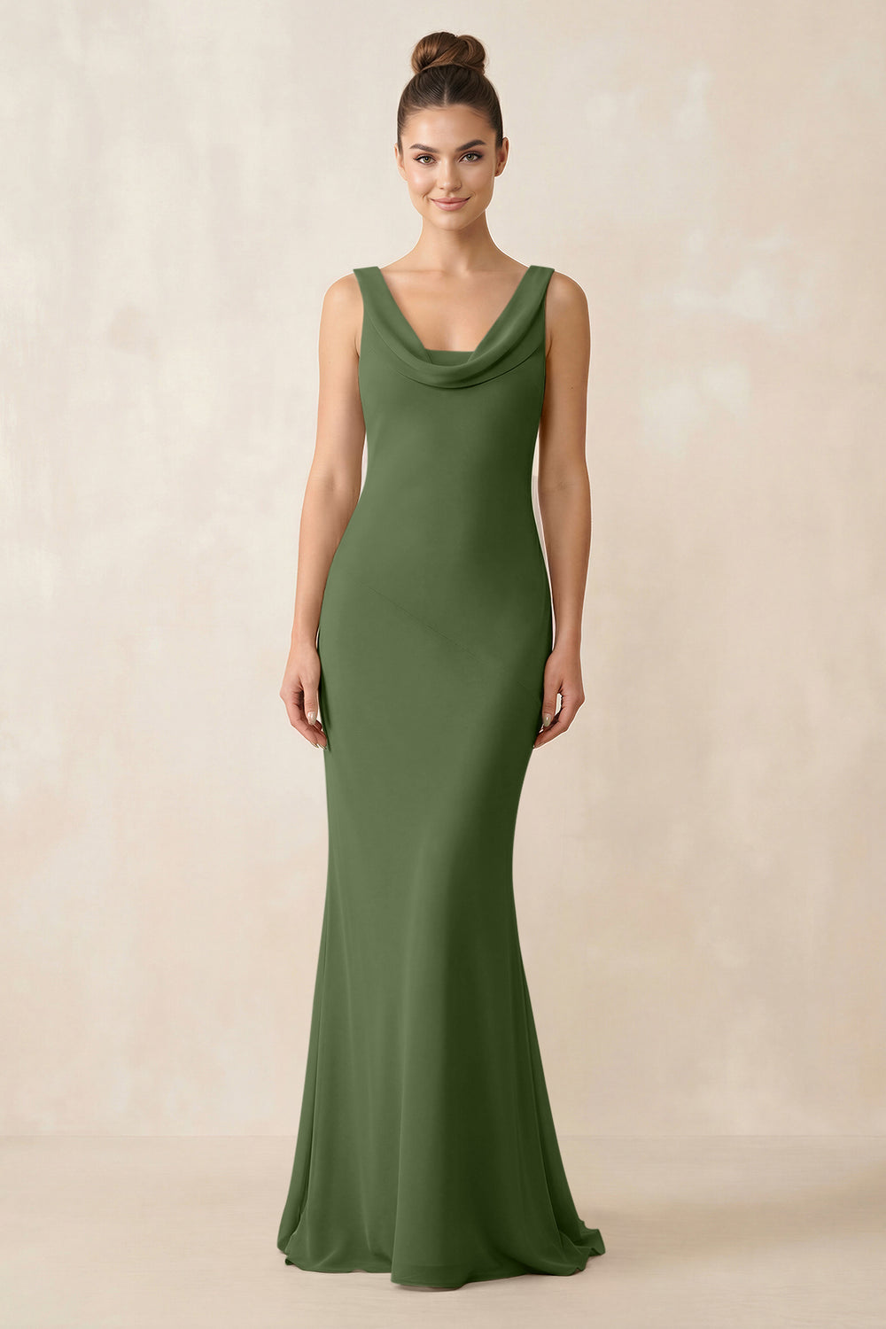 Cowl Neck Sheath Chiffon Bridesmaid Dress in Moss