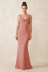 Cowl Neck Sheath Chiffon Bridesmaid Dress in Mulberry | KISSBRIDAL