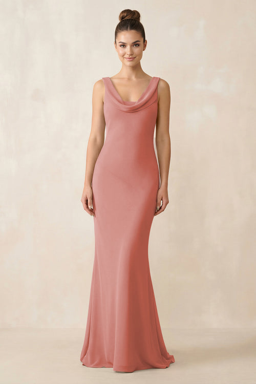 Cowl Neck Sheath Chiffon Bridesmaid Dress in Mulberry | KISSBRIDAL