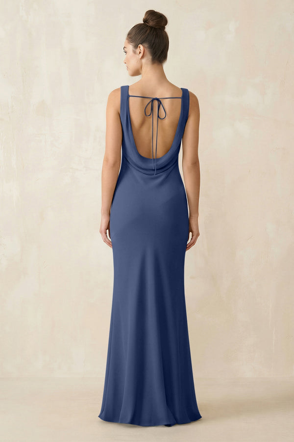 Cowl Neck Sheath Chiffon Bridesmaid Dress in Navy - KISS BRIDAL Bridesmaid Dresses