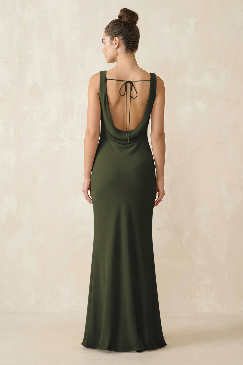 Cowl Neck Sheath Chiffon Bridesmaid Dress in Olive