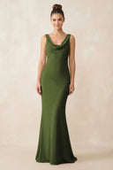 Cowl Neck Sheath Chiffon Bridesmaid Dress in Olive - KISS BRIDAL Bridesmaid Dresses