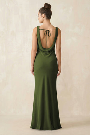 Cowl Neck Sheath Chiffon Bridesmaid Dress in Olive - KISS BRIDAL Bridesmaid Dresses